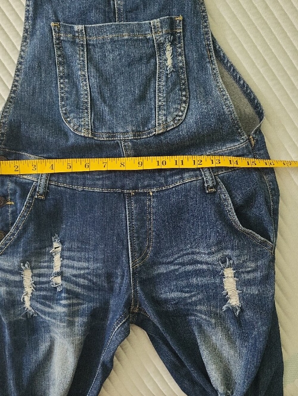 Machine Distressed Denim Overalls - Blue - Picture 4 of 5